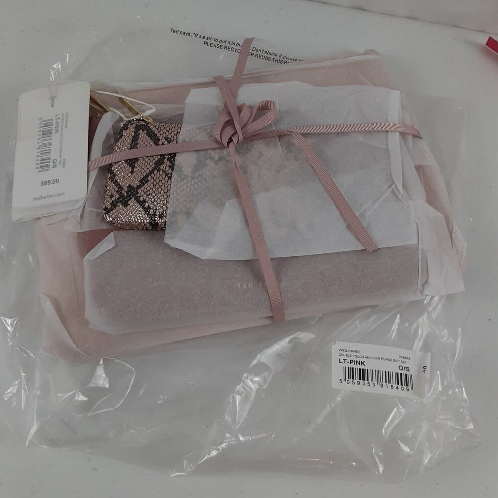 Ted Baker New 3 Piece Double Pouch and Coin Purse Gift Set Snake Print Pink